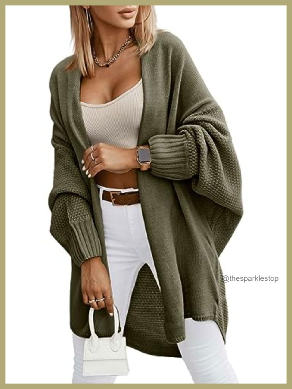 Oversized Long Open Front Cardigan Lantern Sleeve Loose Knit Sweater
